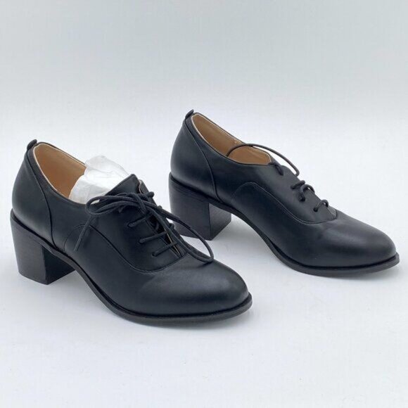 Black Women's Lace-Up Oxfords Almond Toe Chunky Heel Casual Shoes - Picture 2 of 6